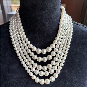 Vintage 50-60 faux pearls, shiny, 5 strand with rhinestone holder, 13-21.5”